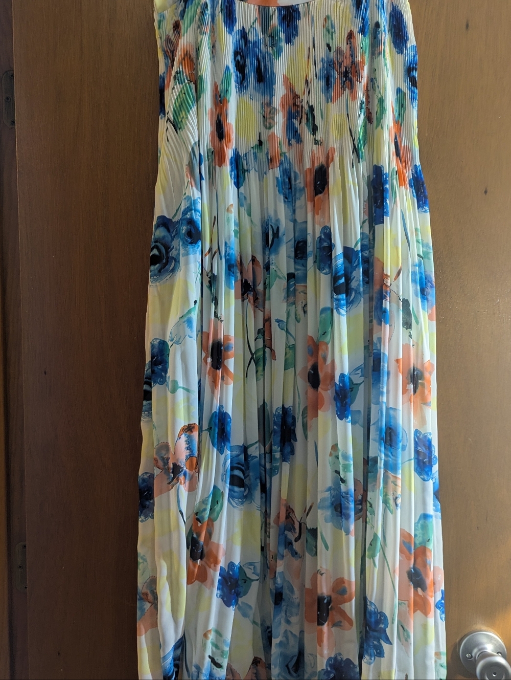 BUFFALO David Bitton Floral Pleated Maxi Skirt in White with Blue & Orange Print